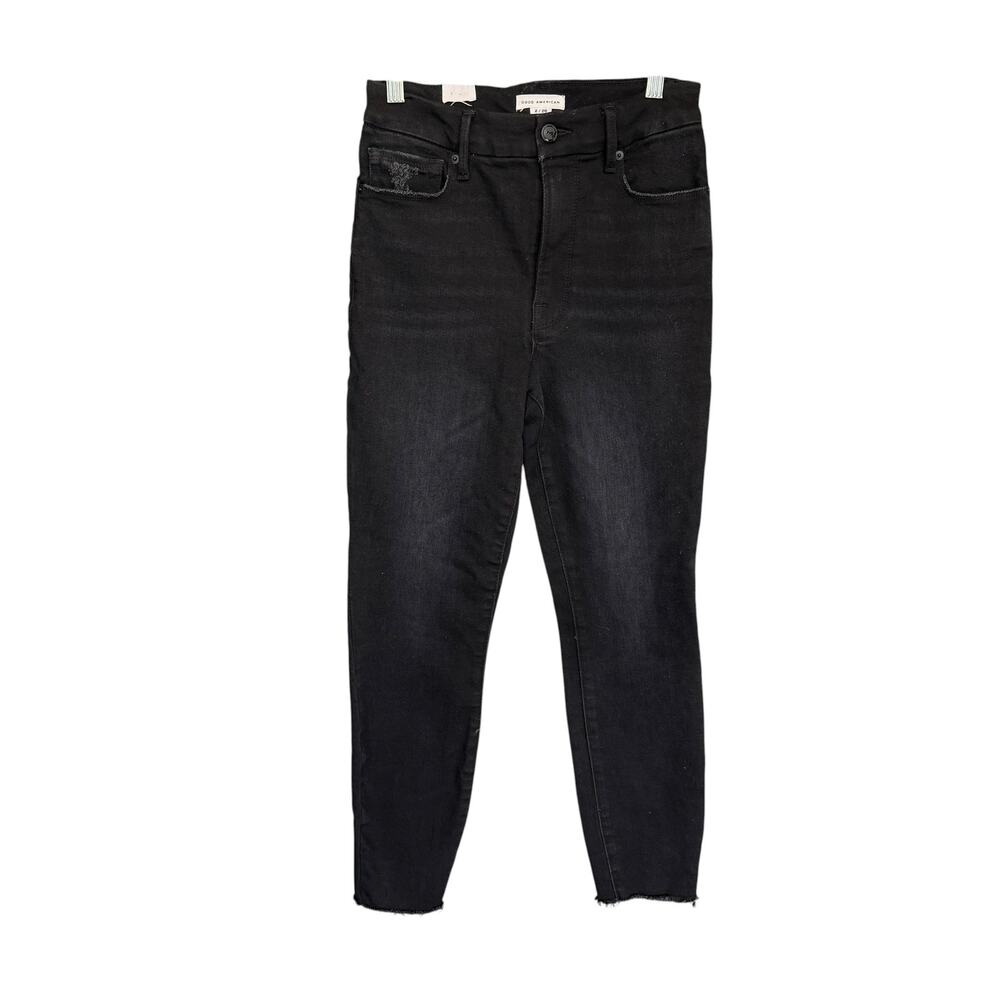 Good American Good Waist Crop Black Denim Jeans Raw Hem Size 2